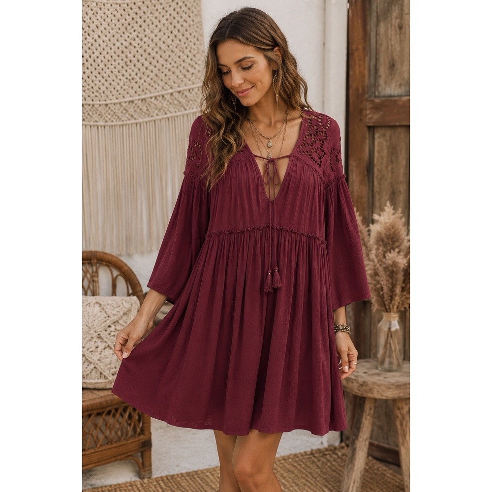 American Eagle Boho Dress Tunic Burgundy Crochet Babydoll Peasant Medium
